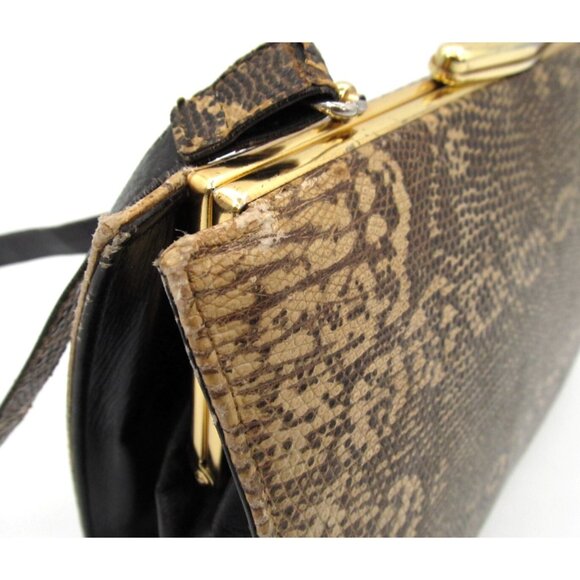 Vintage 60s Genuine Leather Reptile Purse YKK Zip Gold Frame Kiss Lock Bag - Picture 10 of 16